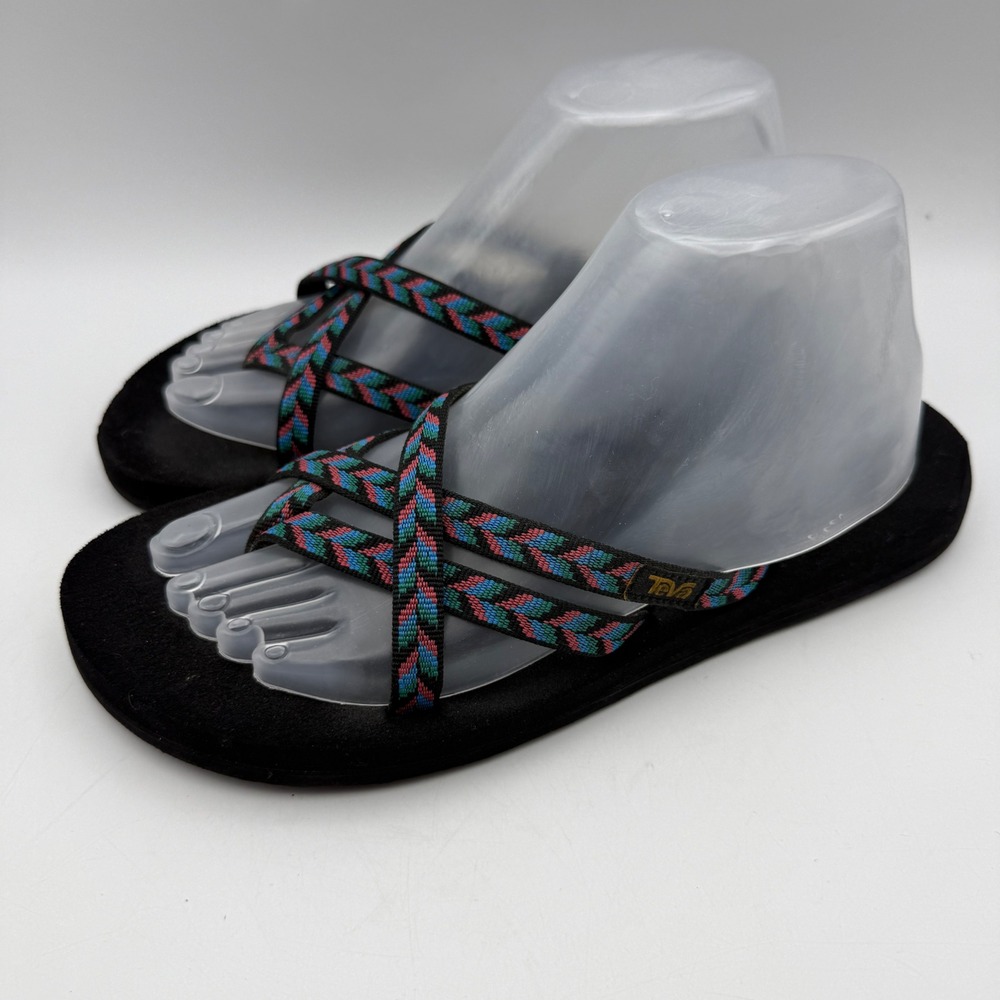 Teva Olowahu Sandals Womens 9 Black Multi Color Strappy Mush Flip Flops